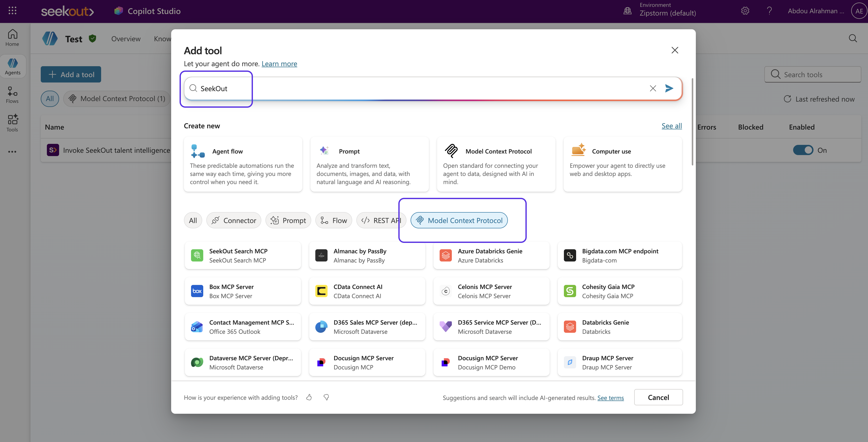Add tool dialog with the Model Context Protocol filter and SeekOut searched