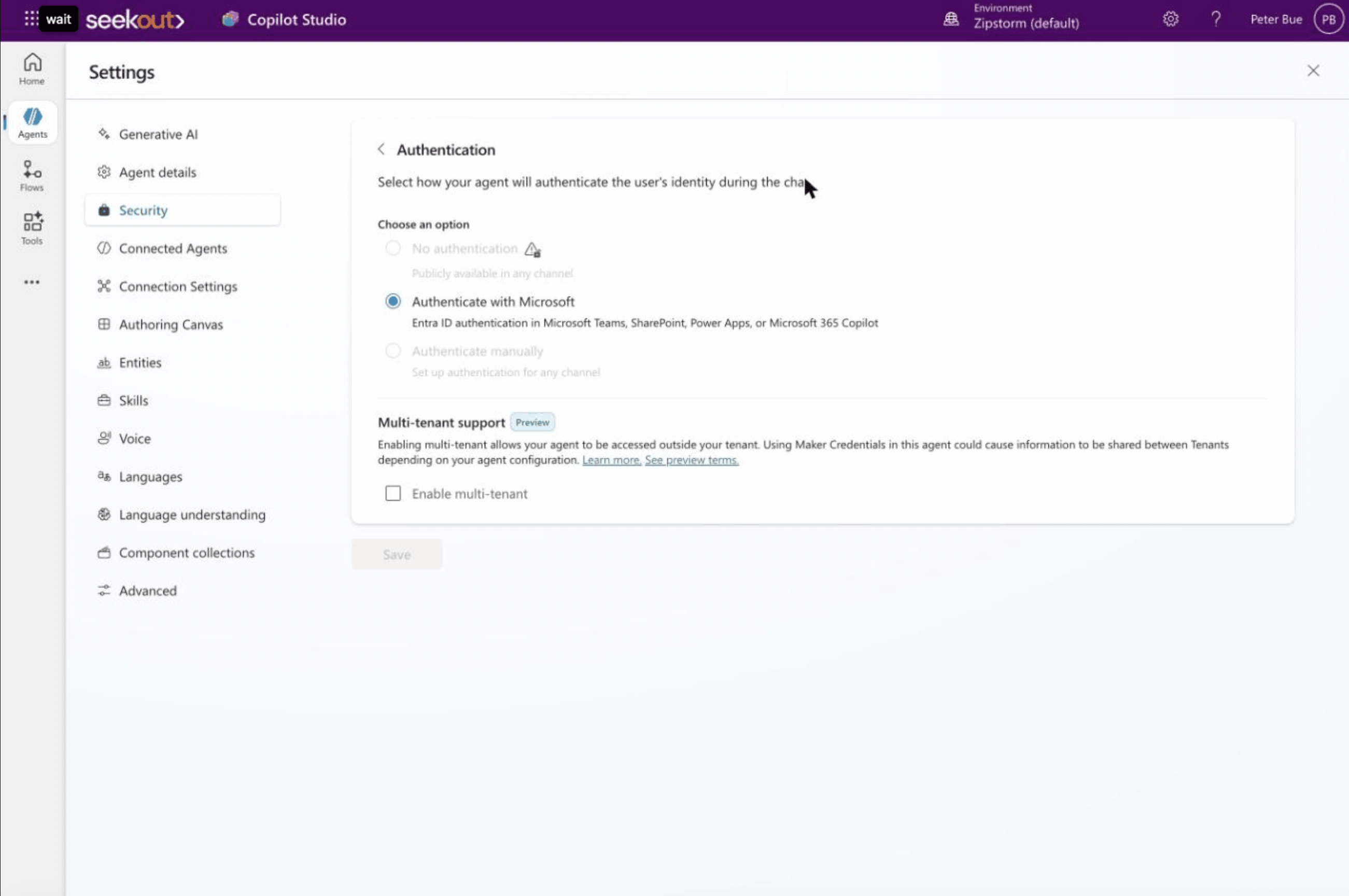Authentication settings with Authenticate with Microsoft selected